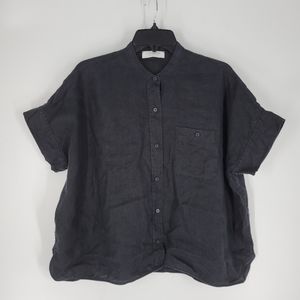 Everlane Black Linen Button Down High Neck Short Sleeve Top 6